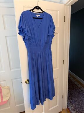Chico's Periwinkle V-Neck Tiered Maxi Dress with Ruffle Sleeves